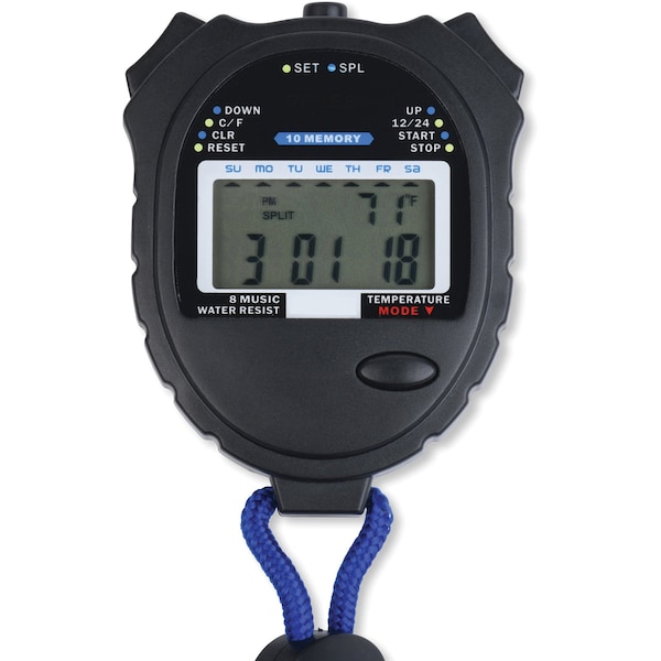Tatco Stopwatch, Water-Resistant, 2-1/2"Wx3-1/4"Lx3/4"H, Black TCO52124